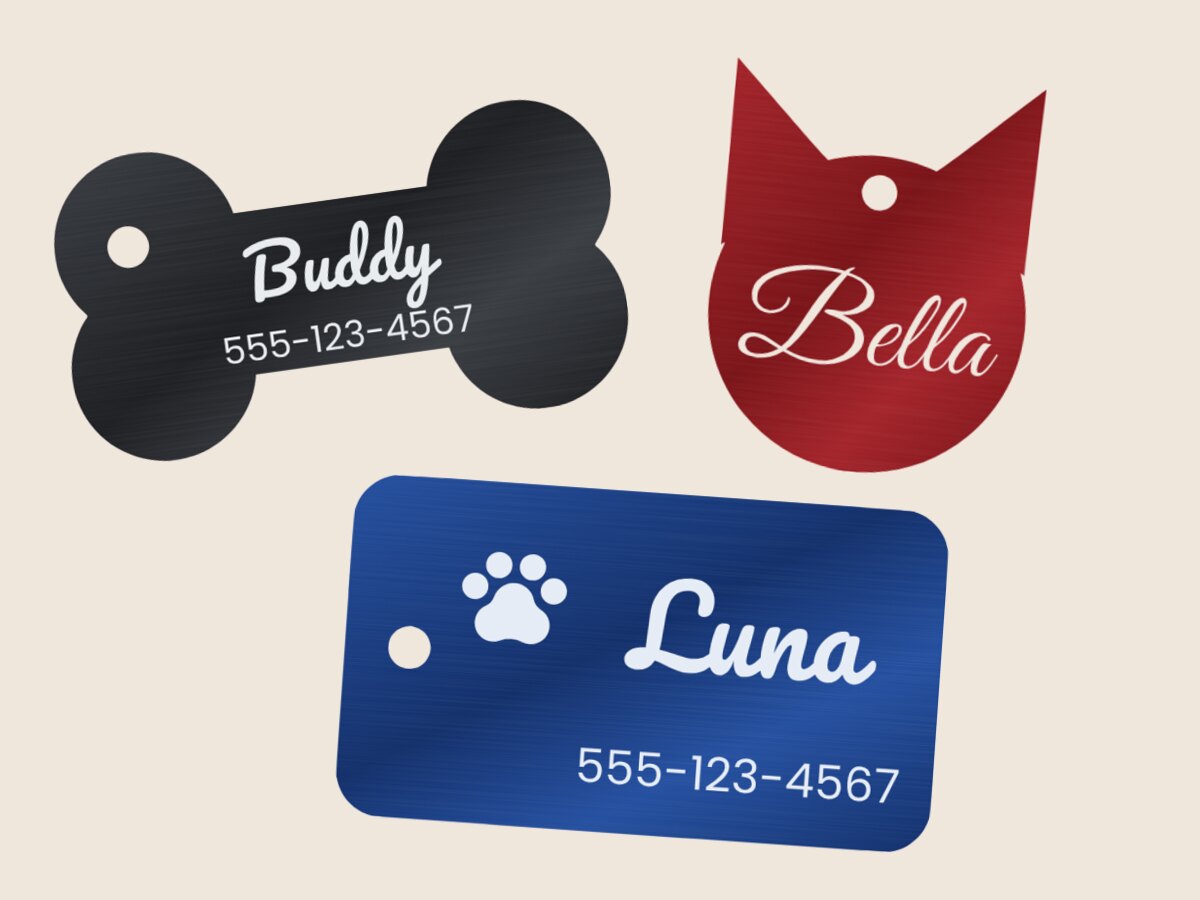 Engraved pet ID tags — bone, cat head and rectangle