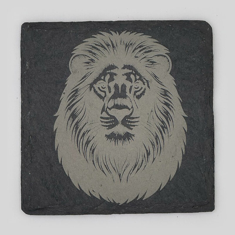 Lion portrait engraved on a square slate coaster
